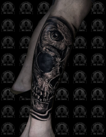Owl Skull Black And Grey Tattoo
