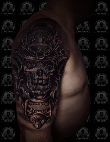Samurai Skull Japanese Black And Grey Tattoo